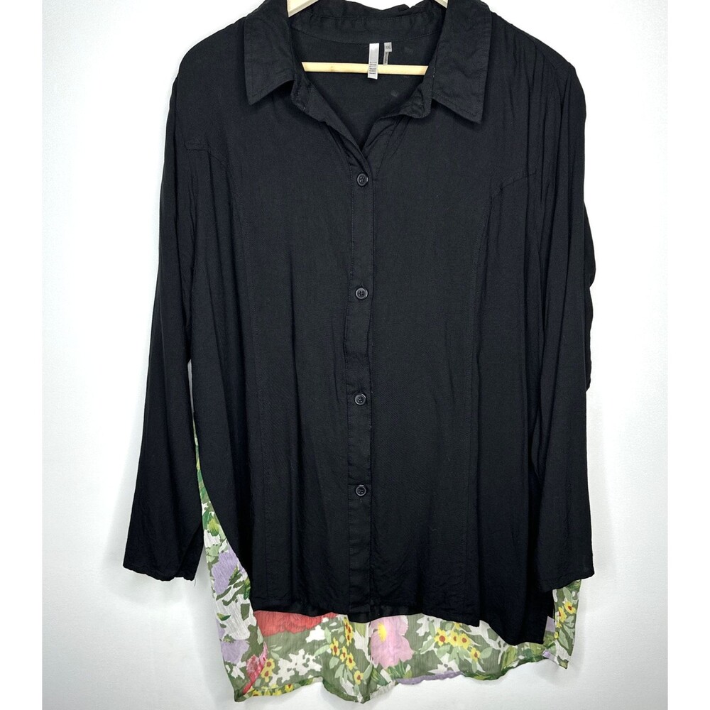 Kaktus Shirt Womens XXL Black Floral Button Up Casual Blouse Tunic